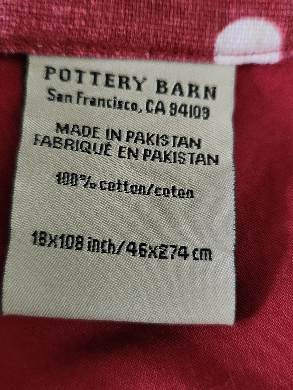 POTTERY BARN Table Runner Red Polka Dot 100% Cotton Home Decor 18 x 108